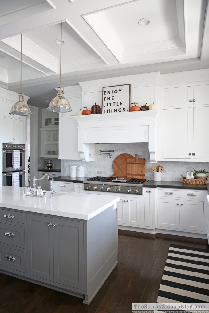white kitchen with coffered ceiling