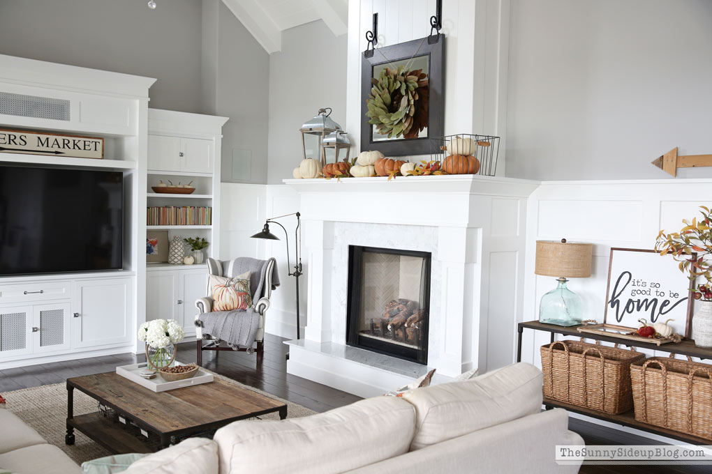 Fall Mantel Decor - Marble Fireplace (Sunny Side Up)