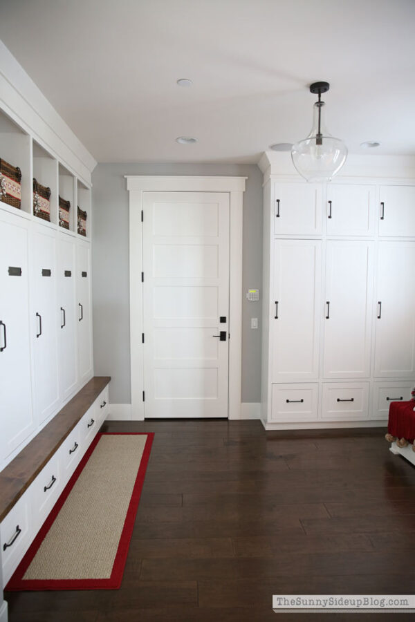 Mudroom with built-in cabinets decked for Christmas! - The Sunny Side ...