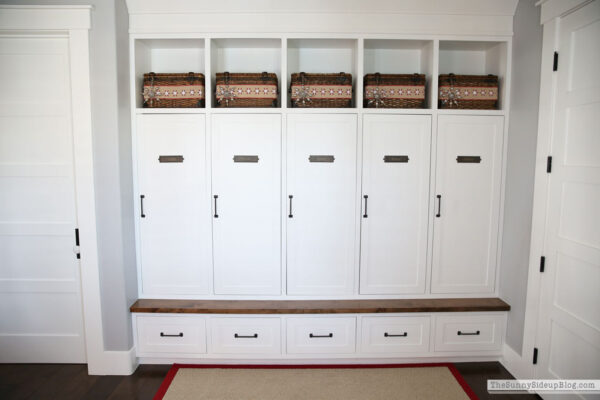 Mudroom with built-in cabinets decked for Christmas! - The Sunny Side ...