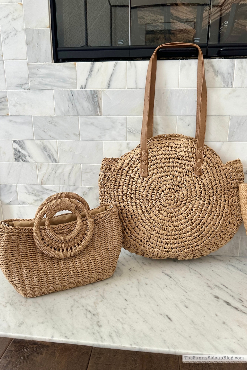 Two woven summer bags in different styles and colors displayed side by side.