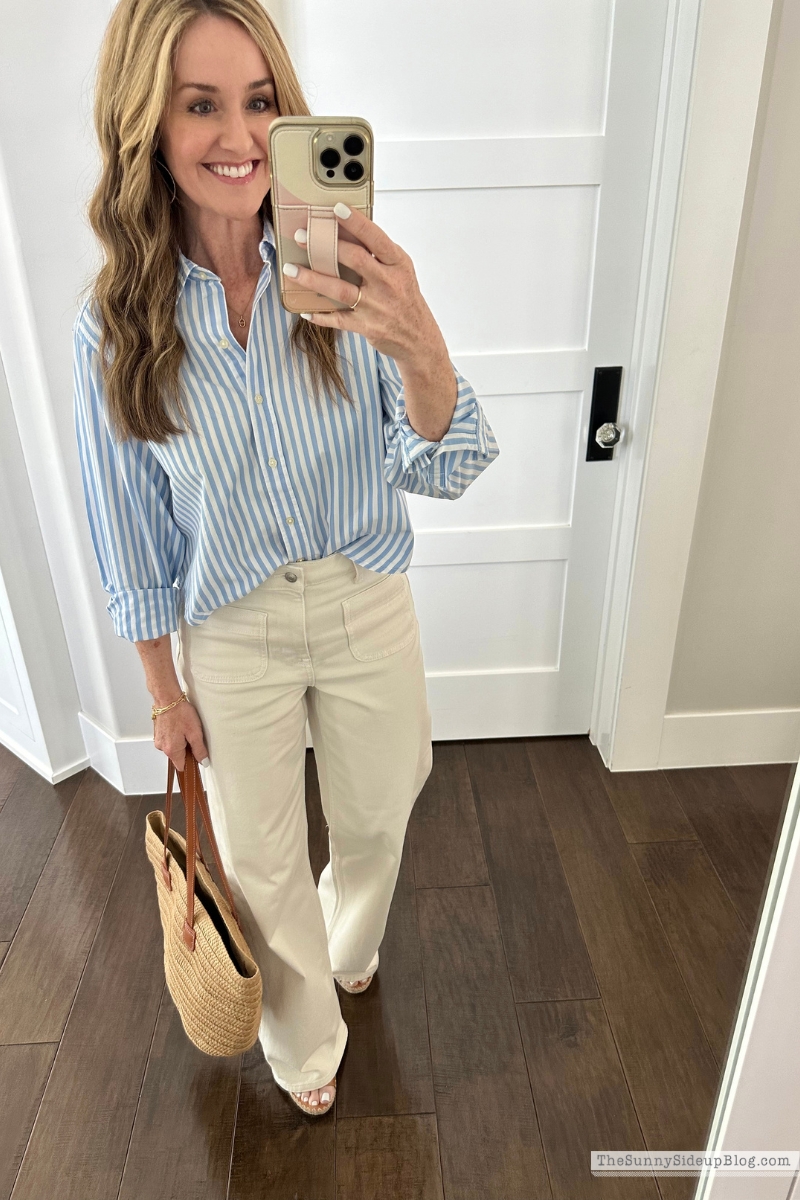 Blue and white striped shirt with woven summer hangbag